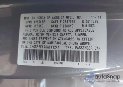 2012 Honda Accord 2.4 Se from USA, damaged, VIN 1HGCP2F67CA049244